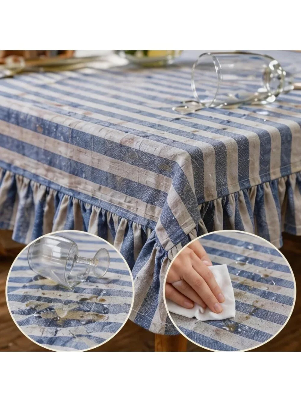 Light Blue Striped Ruffled Tablecloth 60x120 Inch, Gingham Style for Dining